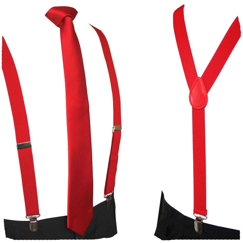 JEMYGINS Red Suspender and Silk Skinny Tie Necktie Sets for Men (Red) - Image 1